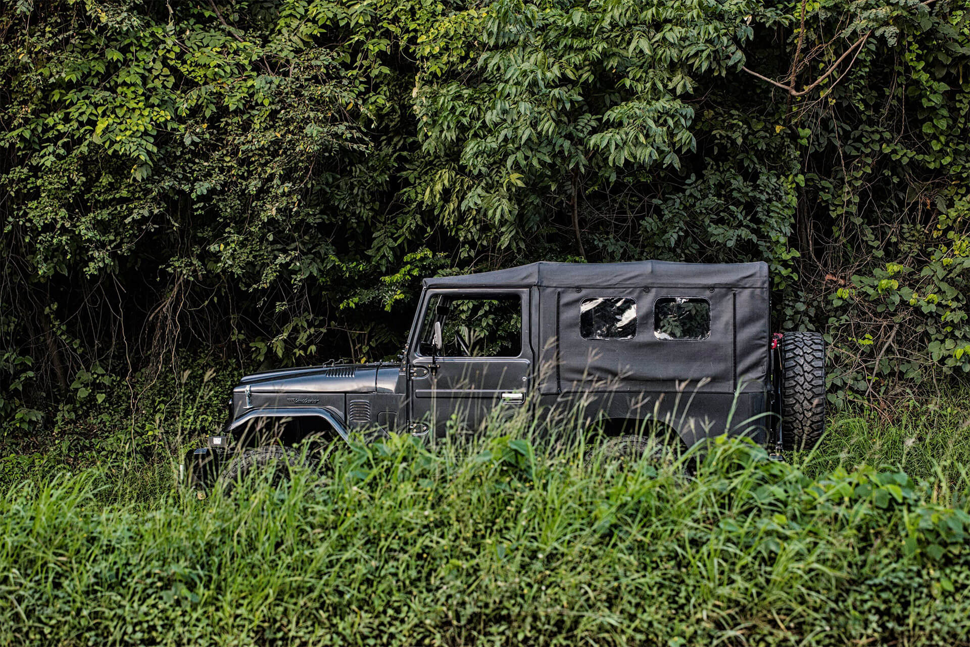 Black Land Cruiser with soft top in tall grass in a wooded area
